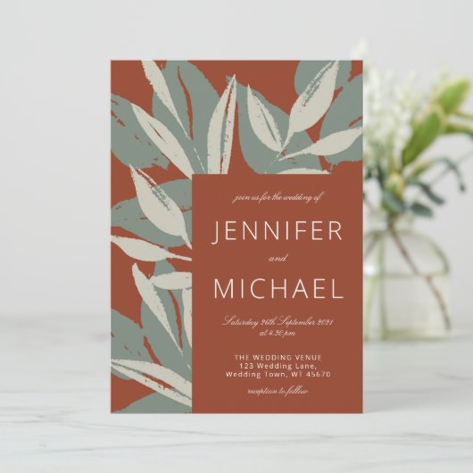 Terracotta Sage Green Modern Botanicals Wedding Kaart (Staand voorkant)