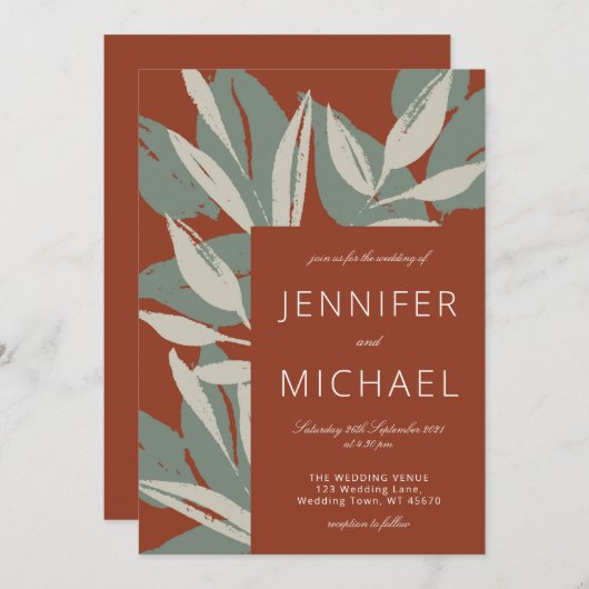 Terracotta Sage Green Modern Botanicals Wedding Kaart (Voorkant / Achterkant)