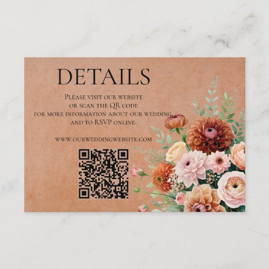Terracotta Sage Groene Bloemen Wedding QR Details Informatiekaartje (Voorkant)