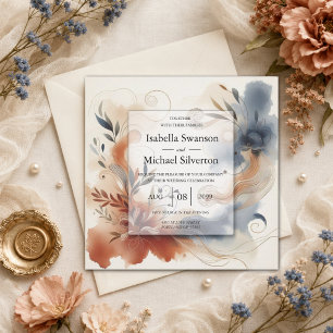 Terracotta Schemering en Marine Bloemen Bruiloft Kaart