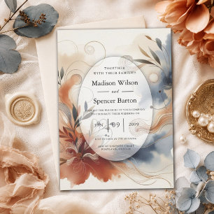 Terracotta Schemering en Marine Bloemen Bruiloft Kaart