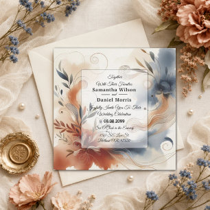Terracotta Schemering en Marine Bloemen Bruiloft Kaart