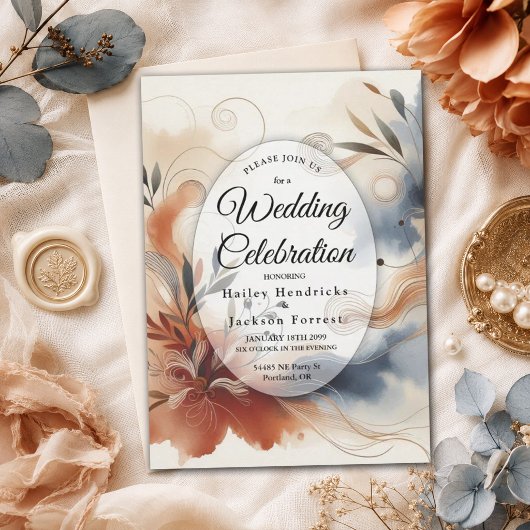 Terracotta Schemering en Navy Bloemen Bruiloft Kaart