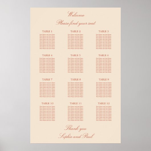Terracotta Script 12 Tafel Trouwstoelindeling Post Poster (Voorkant)