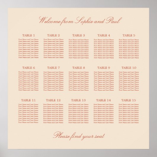 Terracotta Script 15 Tafel Trouwstoelindeling Post Poster (Voorkant)