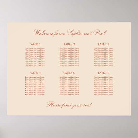 Terracotta Script 6 Tafel Trouwstoelindeling Poste Poster (Voorkant)