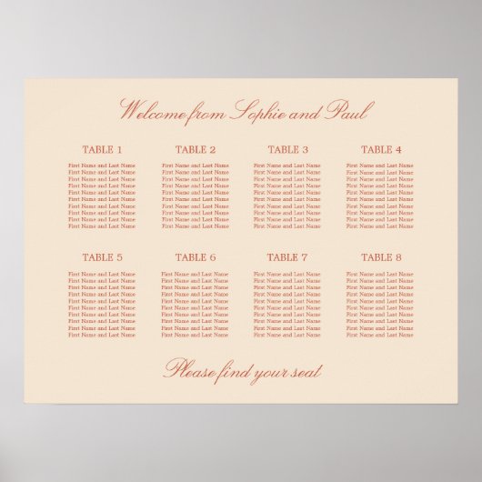 Terracotta Script 8 Tafel Trouwstoelindeling Poste Poster (Voorkant)