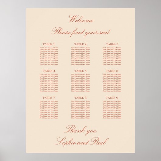 Terracotta Script 9 Tafel Trouw Stoelen Poster (Voorkant)