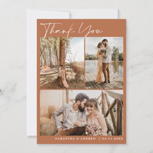 Terracotta script chic 6 foto's bruiloft bedankt (Voorkant)