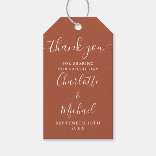 Terracotta Script Dank u bruiloft gunst Cadeaulabel (Voorkant)