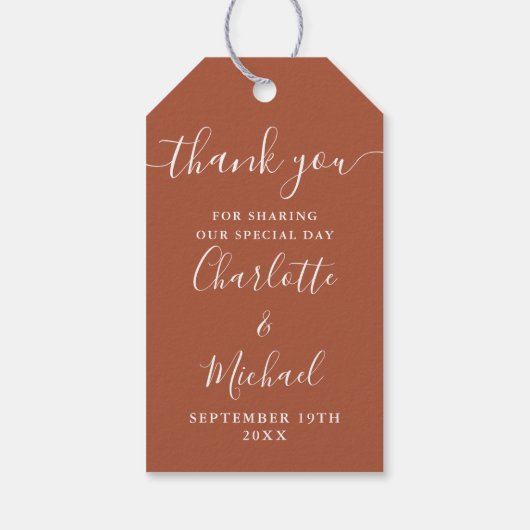 Terracotta Script Dank u bruiloft gunst Cadeaulabel (Achterkant)