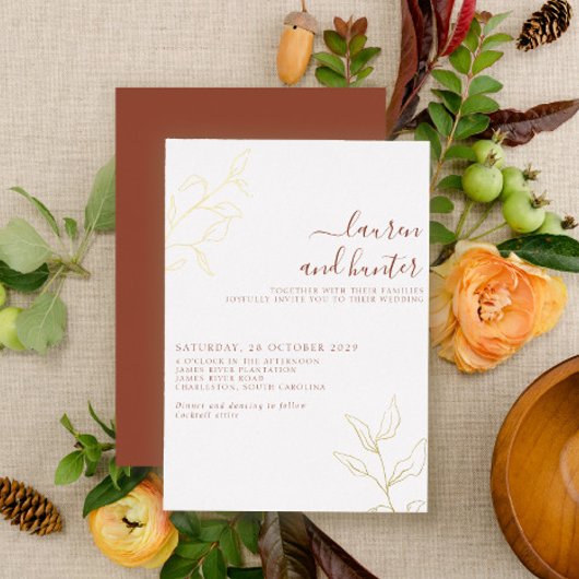 Terracotta Script Gold Botanical Wedding Folie Uitnodiging
