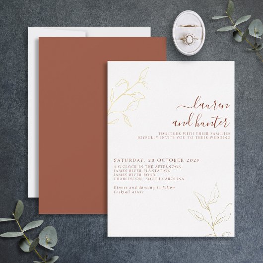 Terracotta Script Gold Botanical Wedding Folie Uitnodiging