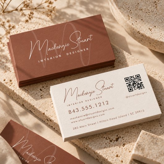 Terracotta Script QR Code Modern Elegant Visitekaartje