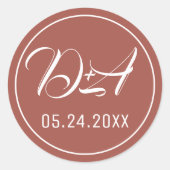 Terracotta script typografie initialen herfst brui ronde sticker (Voorkant)
