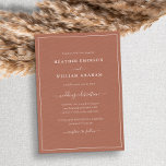 Terracotta Script Wedding Kaart<br><div class="desc">Terracotta Script Wedding Invitation. Maak je trouwuitnodiging even gedenkwaardig als je speciale dag met dit stijlvolle design. Met een eenvoudige minimalistische blik met een klastige traditionele aanraking, kenmerkt deze moderne tekst-enige uitnodiging een handgeschreven kalligrafiemanuscript met een klassiek terracotta/verbrand oranje grens lijst. Zoek coördinerende producten in de Eenvoudige Elegant Terracotta Border...</div>