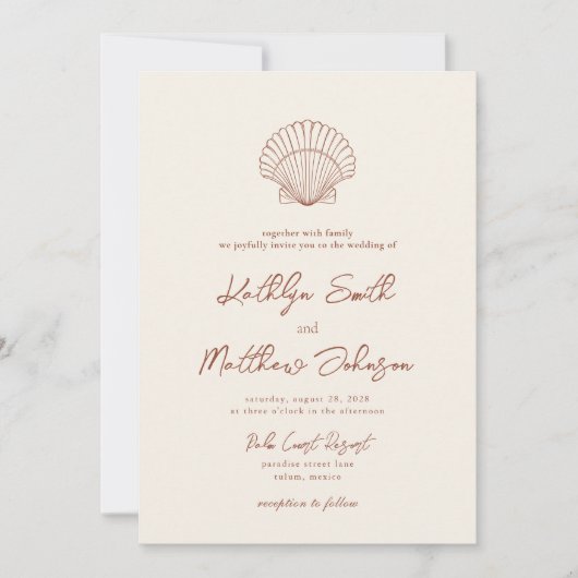 Terracotta Shell Strand Ocean Bestemming Bruiloft Kaart (Voorkant)