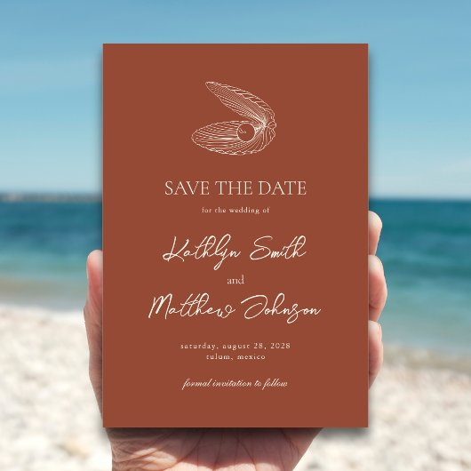 Terracotta Shell Strand Ocean Bestemming Bruiloft Save The Date