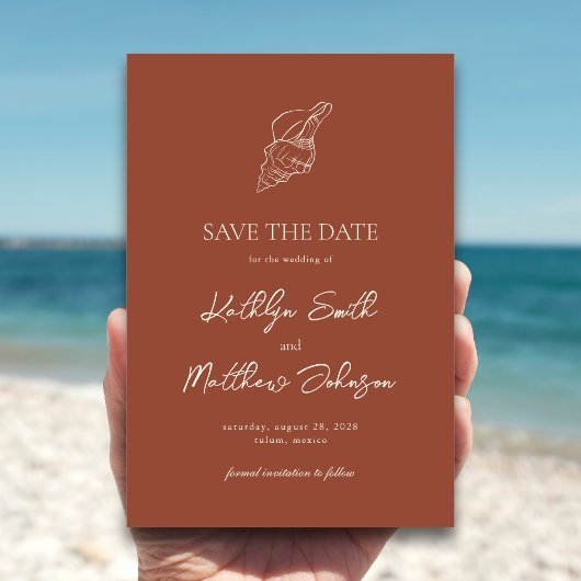 Terracotta Shell Strand Ocean Bestemming Bruiloft Save The Date