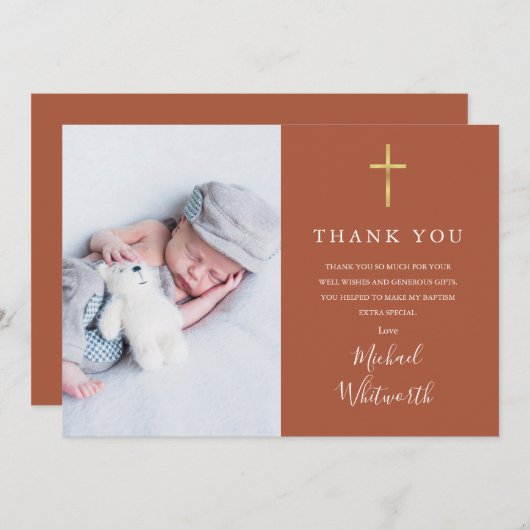 Terracotta Signature Script Foto Doop Bedankkaart (Voorkant / Achterkant)