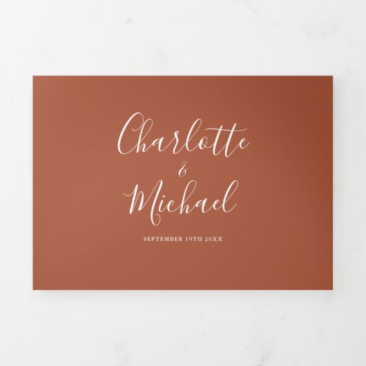 Terracotta Signature Script Photo Wedding Drieluik Uitnodiging (Cover)
