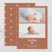 Terracotta simpele scripthartfoto's 2 baby geboort aankondiging (Voorkant / Achterkant)