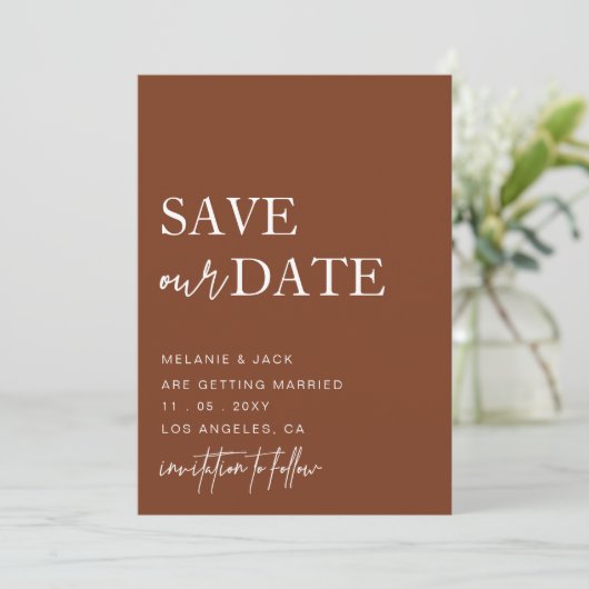 Terracotta Simple Calligraphy Save the Date (Staand voorkant)