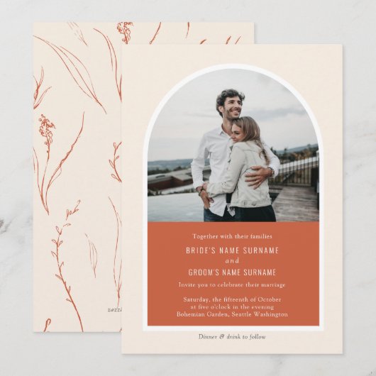 Terracotta Simple Modern Arch Photo Wedding Invita Kaart (Voorkant / Achterkant)
