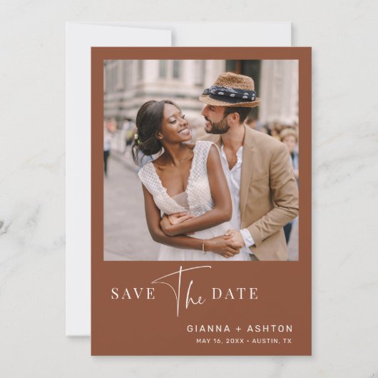 Terracotta Simple Modern Script Weduwfoto Save The Date (Voorkant)