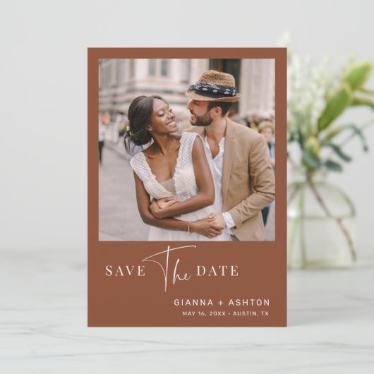 Terracotta Simple Modern Script Weduwfoto Save The Date (Staand voorkant)