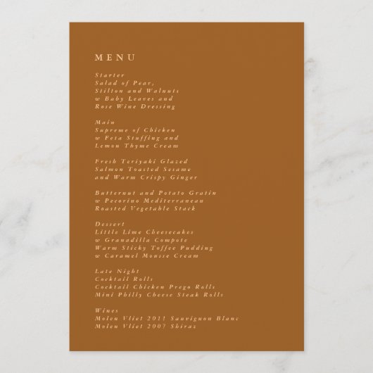 Terracotta Simple Plain Modern Wedding Menu (Voorkant)