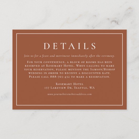 Terracotta Simple Typography Wedding Details Informatiekaartje (Voorkant)