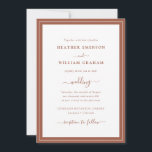 Terracotta Simple Wedding Invitation Kaart<br><div class="desc">Terracotta Simple Wedding Invitation. Maak je trouwuitnodiging even gedenkwaardig als je speciale dag met dit stijlvolle design. Met een eenvoudige minimalistische blik met een klastige traditionele aanraking, kenmerkt deze moderne tekst-enige uitnodiging een handgeschreven kalligrafiemanuscript met een klassiek terracotta/verbrand oranje grens lijst. Zoek coördinerende producten in de Eenvoudige Elegant Terracotta Border...</div>