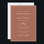 Terracotta Simple Wedding Invitation Kaart<br><div class="desc">Terracotta Simple Wedding Invitation. Maak je trouwuitnodiging even gedenkwaardig als je speciale dag met dit stijlvolle design. Met een eenvoudige minimalistische blik met een klastige traditionele aanraking, kenmerkt deze moderne tekst-enige uitnodiging een handgeschreven kalligrafiemanuscript met een klassiek terracotta/verbrand oranje grens lijst. Zoek coördinerende producten in de Eenvoudige Elegant Terracotta Border...</div>