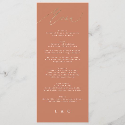 Terracotta Sinaasappel Elegant Boho Gold Bruiloft Menu (Voorkant)