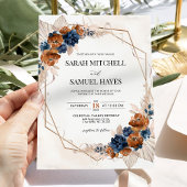 Terracotta Sinaasappel en Navy Blue Huwelijksuitno Kaart