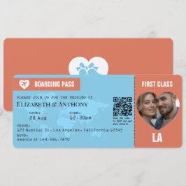 Terracotta & Sky Blue Boarding Pass Wedding Kaart