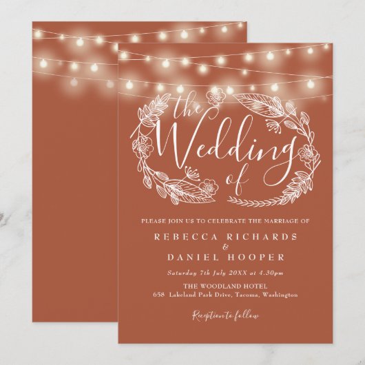 Terracotta Slingerlichten Script Bruiloft Kaart (Voorkant / Achterkant)