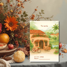 Terracotta Spaanse Hacienda bestemming bruiloft RSVP Kaartje