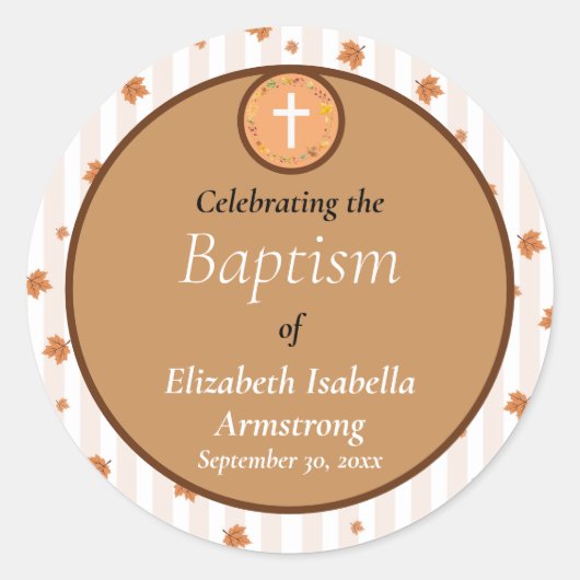 Terracotta Streep en Bladkrans Herfst Doop Ronde Sticker (Voorkant)