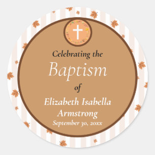 Terracotta Streep en Bladkrans Herfst Doop Ronde Sticker