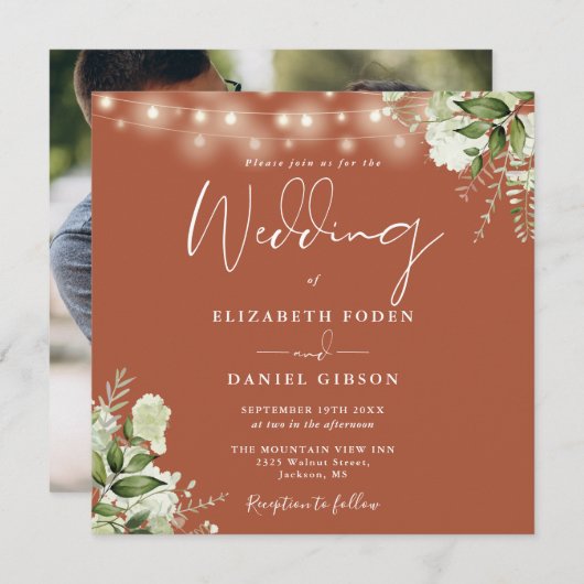 Terracotta String Lights Bloemen Foto Bruiloft Kaart (Voorkant / Achterkant)