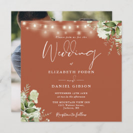 Terracotta String Lights Bloemen Foto Bruiloft Kaart