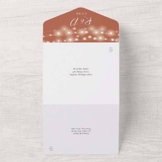 Terracotta String Lights Foliage Bruiloft All In One Uitnodiging (Buitenkant)