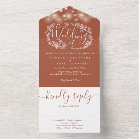 Terracotta String Lights Foliage Bruiloft All In One Uitnodiging (Binnen)