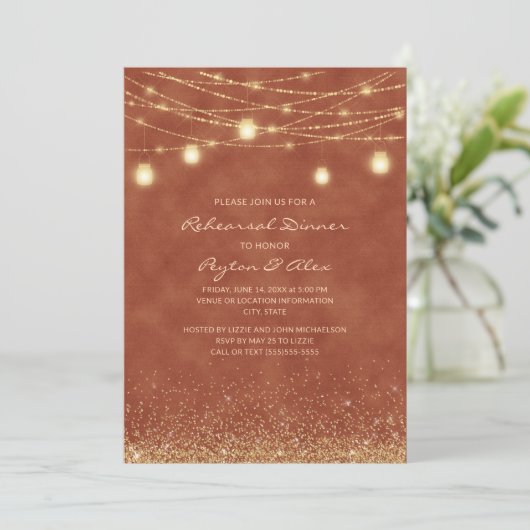 Terracotta String Lights Glitter Elegant Rehearsal Kaart (Staand voorkant)