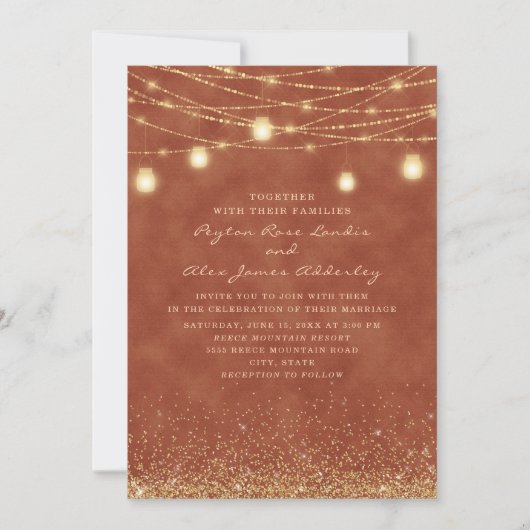 Terracotta String Lights Gold Glitter Wedding Kaart (Voorkant)
