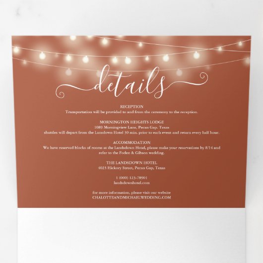 Terracotta String Lights Script Monogram Bruiloft Drieluik Uitnodiging (Binnenzijde eerst)