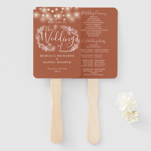 Terracotta String Lights Trouwprogramma Handwaaier (Voorkant en achterkant)