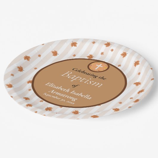 Terracotta Stripe Patroon Krans Herfst Doop Papieren Bordje (Gekanteld)